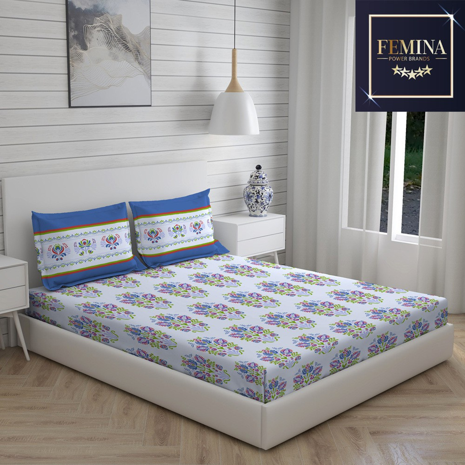 Image of Layers Cotton Queen Flat 140 TC Printed 1 Bedsheet with 2 Pillow Covers