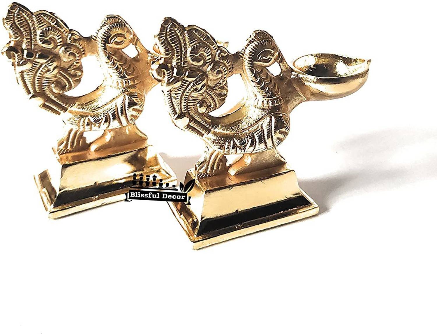 Amishi Blissful Metal Small pecock Diya Oil Lamp - Hand Craved Diya for Puja Diwali Home Temple Articles Decoration Gifts (Gold, 2) Gold Plated (Pack of 2) Table Diya