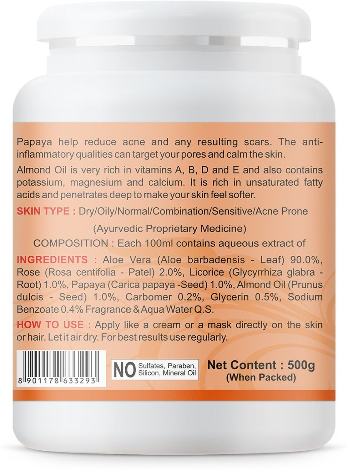 Image of Kazima Aloe Papaya Gel with Pure Aloe Vera, Papaya & Vitamin C, E for Face, Skin & Hair - Anti-aging, Moisturizing, Skin Lightening, Acne Scars, Wrinkles, Sunburn & Dark Circles
