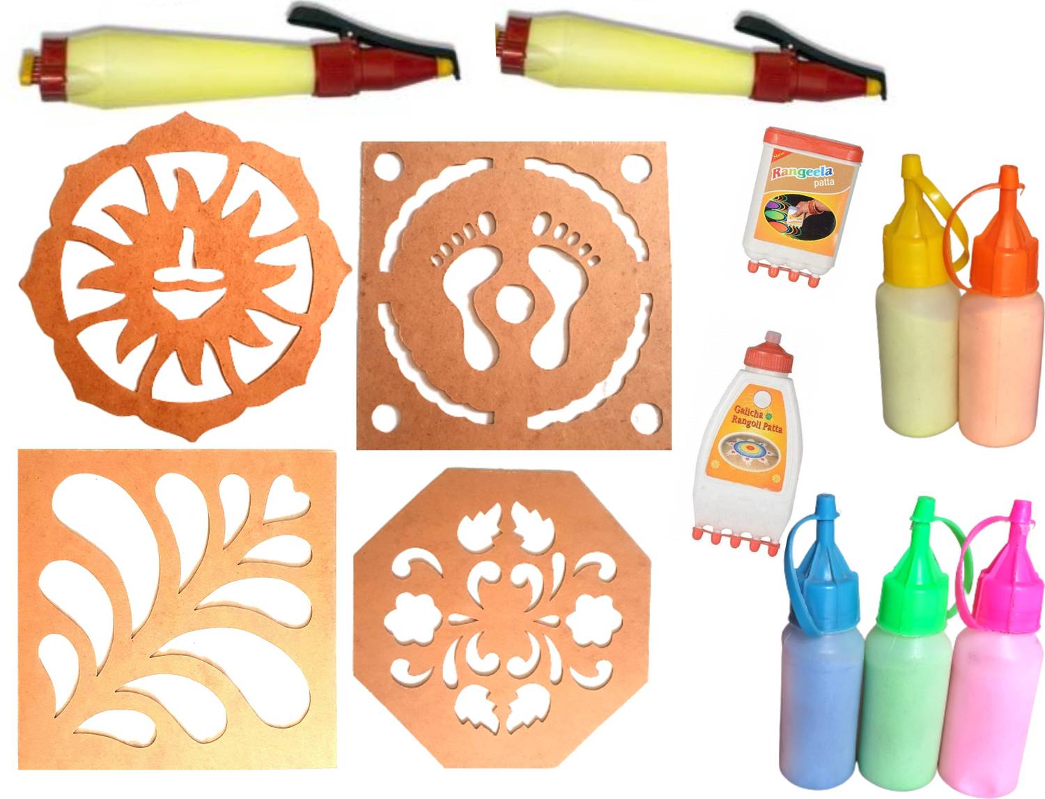 Artonezt Rangoli Tool Kit: Wood (Set of 4) Rangoli Stencil Diwali Floor Decoration Navratri Pongal Pooja Mandir Rangoli Making Stencil, 2 Rangoli Pen, 1 Rangeela Patta, 1 Galicha Patta, 5 Rangoli Squeeze Colour Bottles Rangoli Stencil