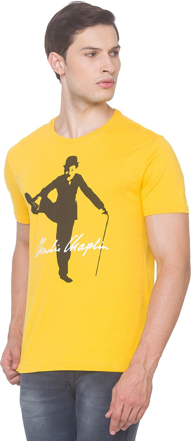 Image of Spykar Printed Men Round Neck Yellow T-Shirt