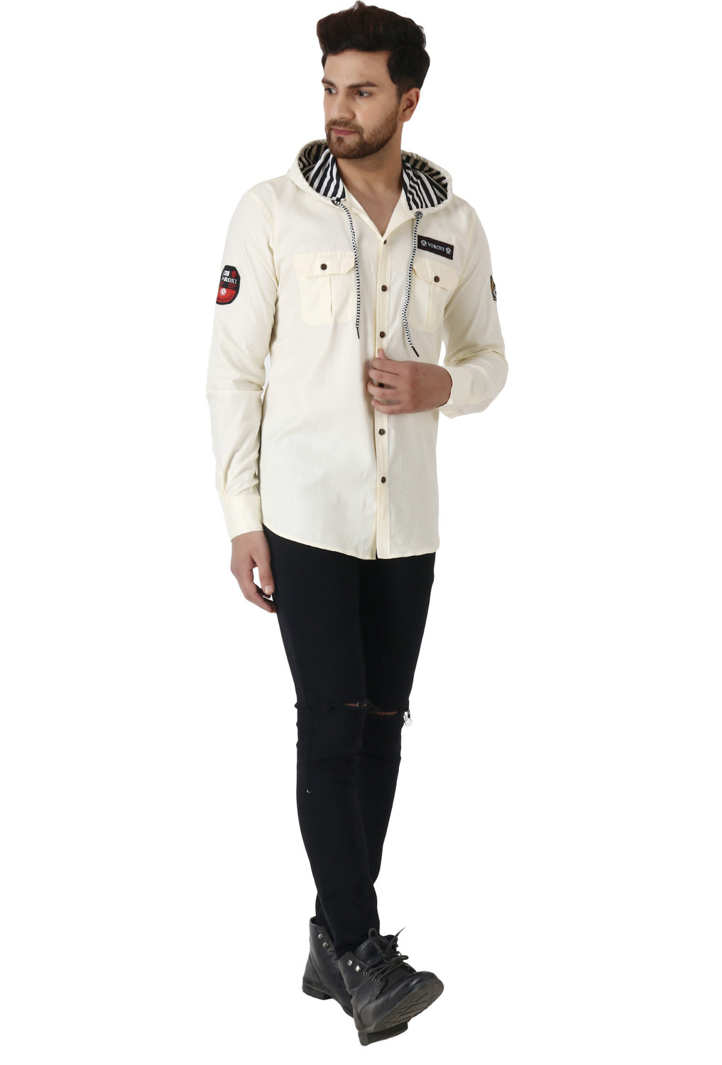 Image of Voroxy Men Solid Casual Cream Shirt