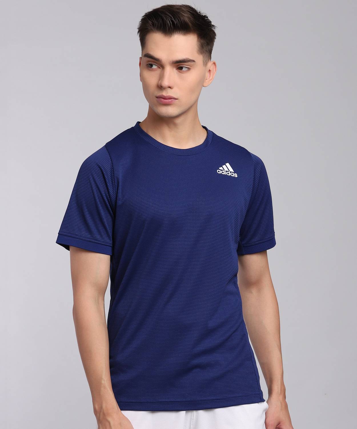 ADIDAS Striped Men Round Neck Blue T-Shirt