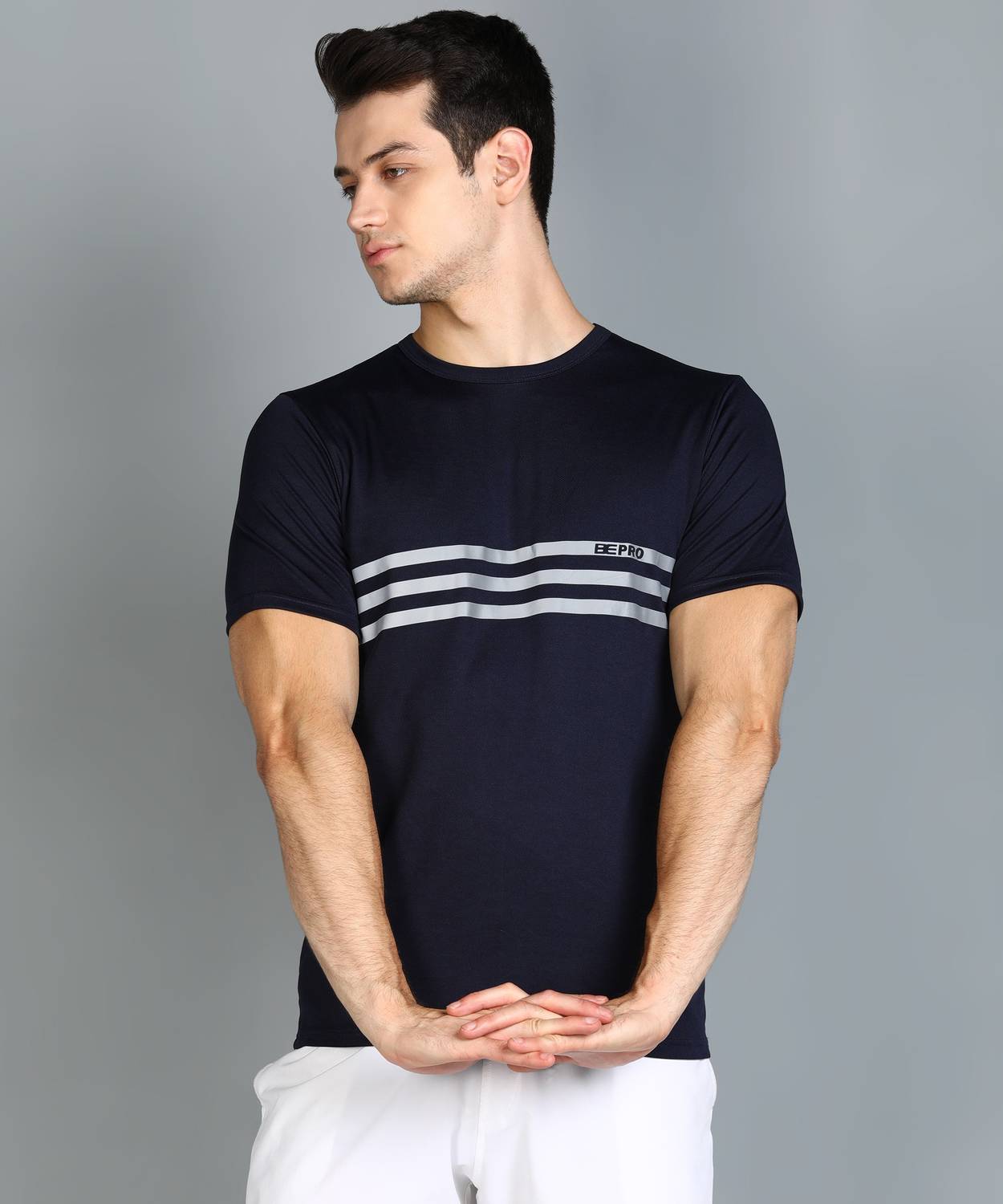 BEPRO Men Striped Round Neck Polyester Dark Blue T-Shirt
