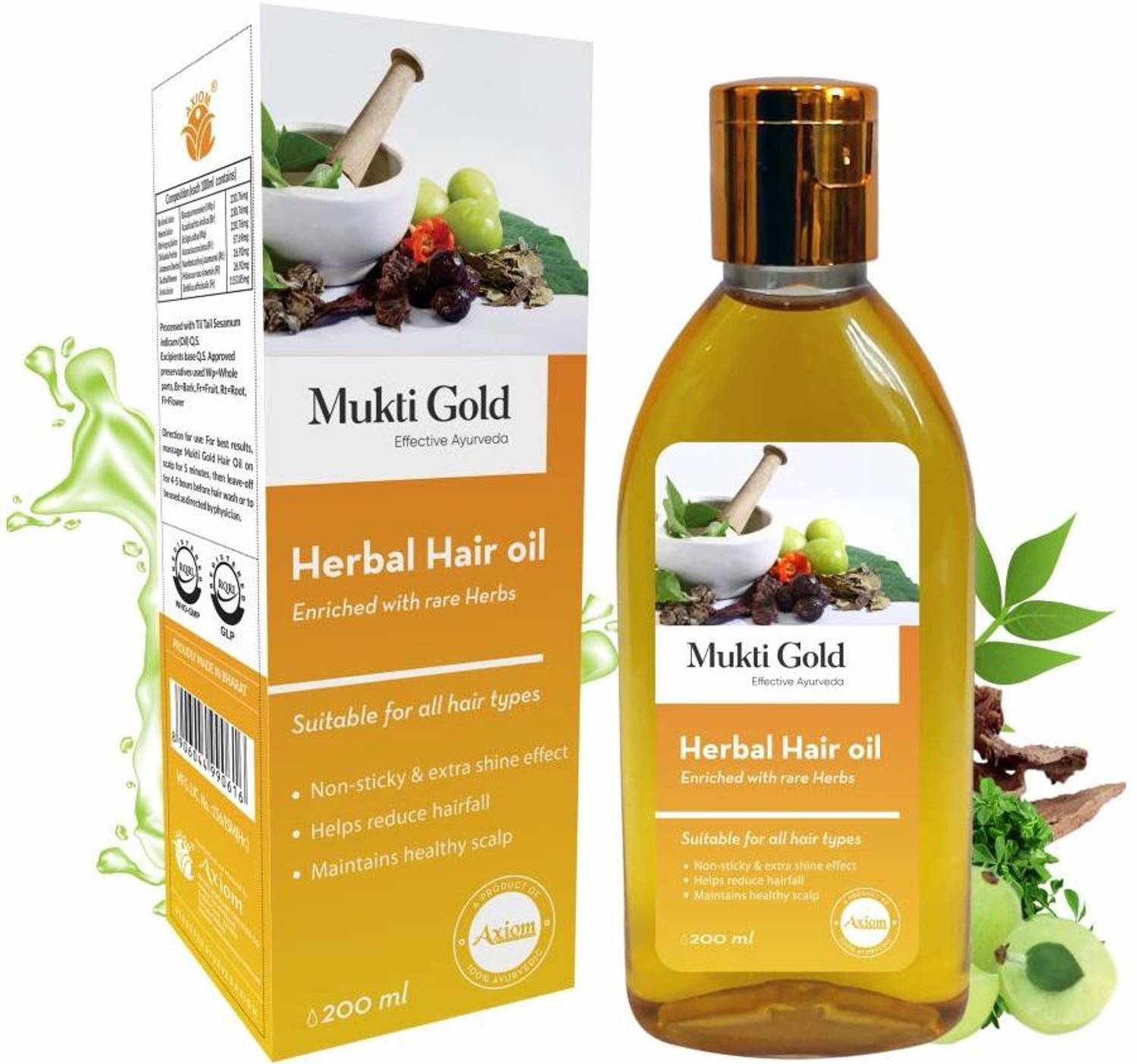 AXIOM Mukti Gold Herbal Hair Oil (200 ml ) | Family Pack | Enriched With Amla, Bhringraj, Brahmi, Shikakai, Neem, Gudhal & Jatamansi | Suitable For All Hair Types | Non-Sticky & Extra Shine effect | Helps Reduce Hair fall | Maintains Healthy Scalp Hair Oil