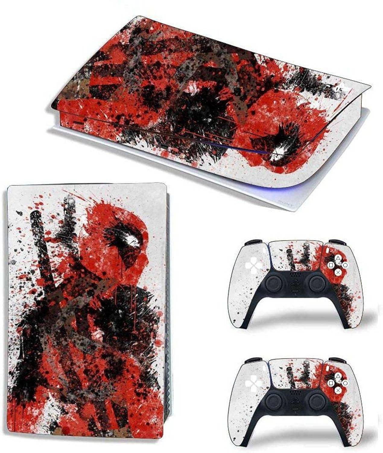 Skinny PS5 Skin Deadpool Red & White for PlayStation 5 Disc Edition 1x Console Skin, 2x Dualsense Controller Skin Gaming Accessory Kit