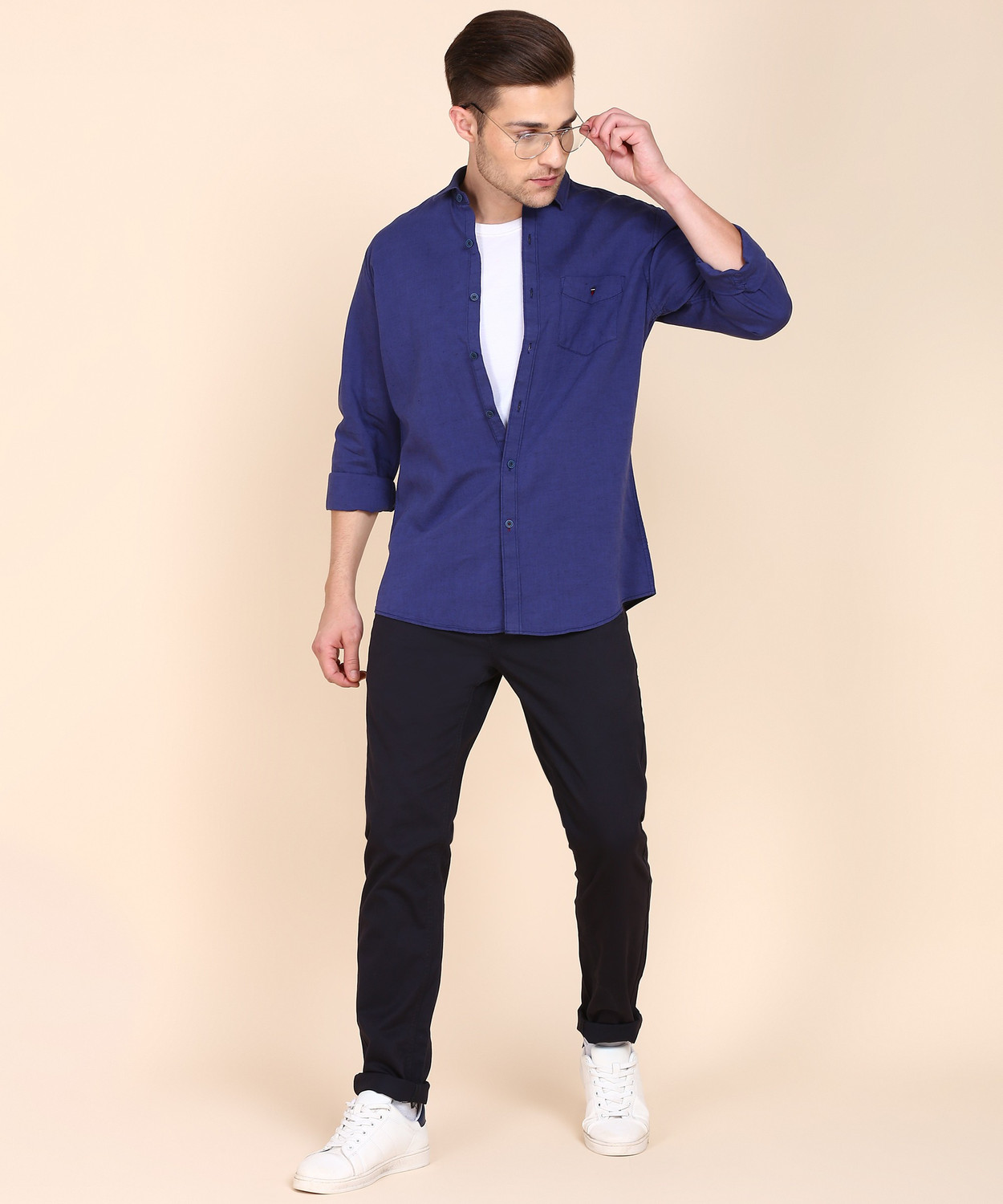 Image of Louis Philippe Sport Men Solid Casual Dark Blue Shirt