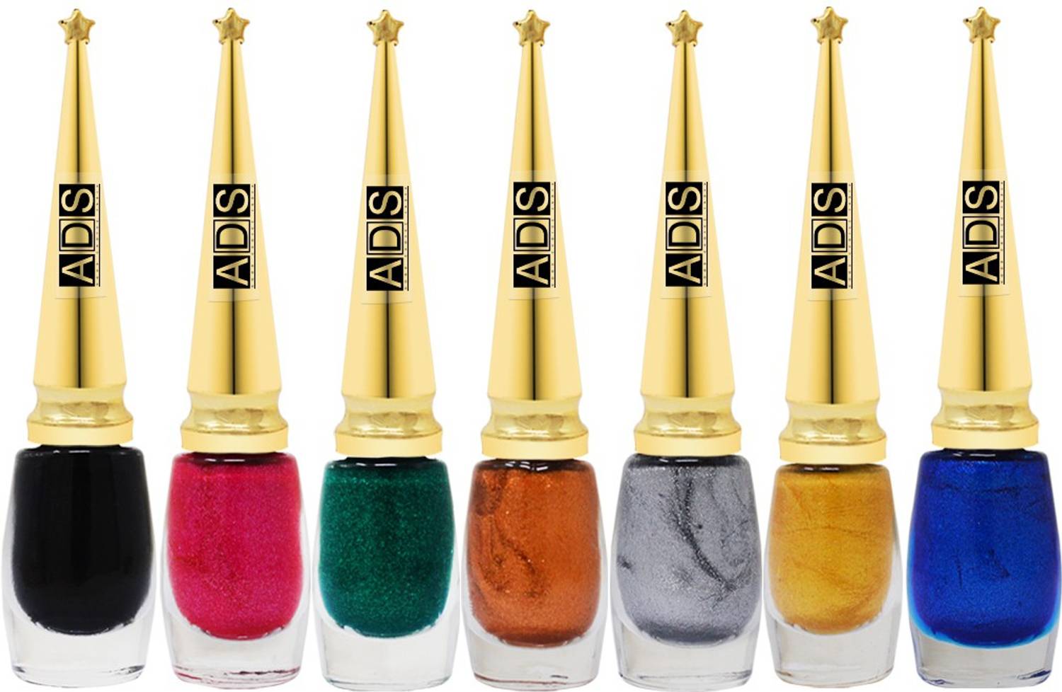 ADS Good Choice India Best Water Resistant Long-Lasting Glitter Eyeliner, Shade- Black 01 Pink 02 Green 03 Copper 04 Silver 05 Gold 06 & Blue 07, 6ml (ELNR101) 6 ml