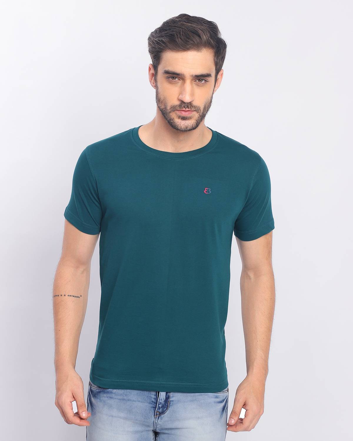 BERRYBLUES Solid Men Round Neck Green T-Shirt
