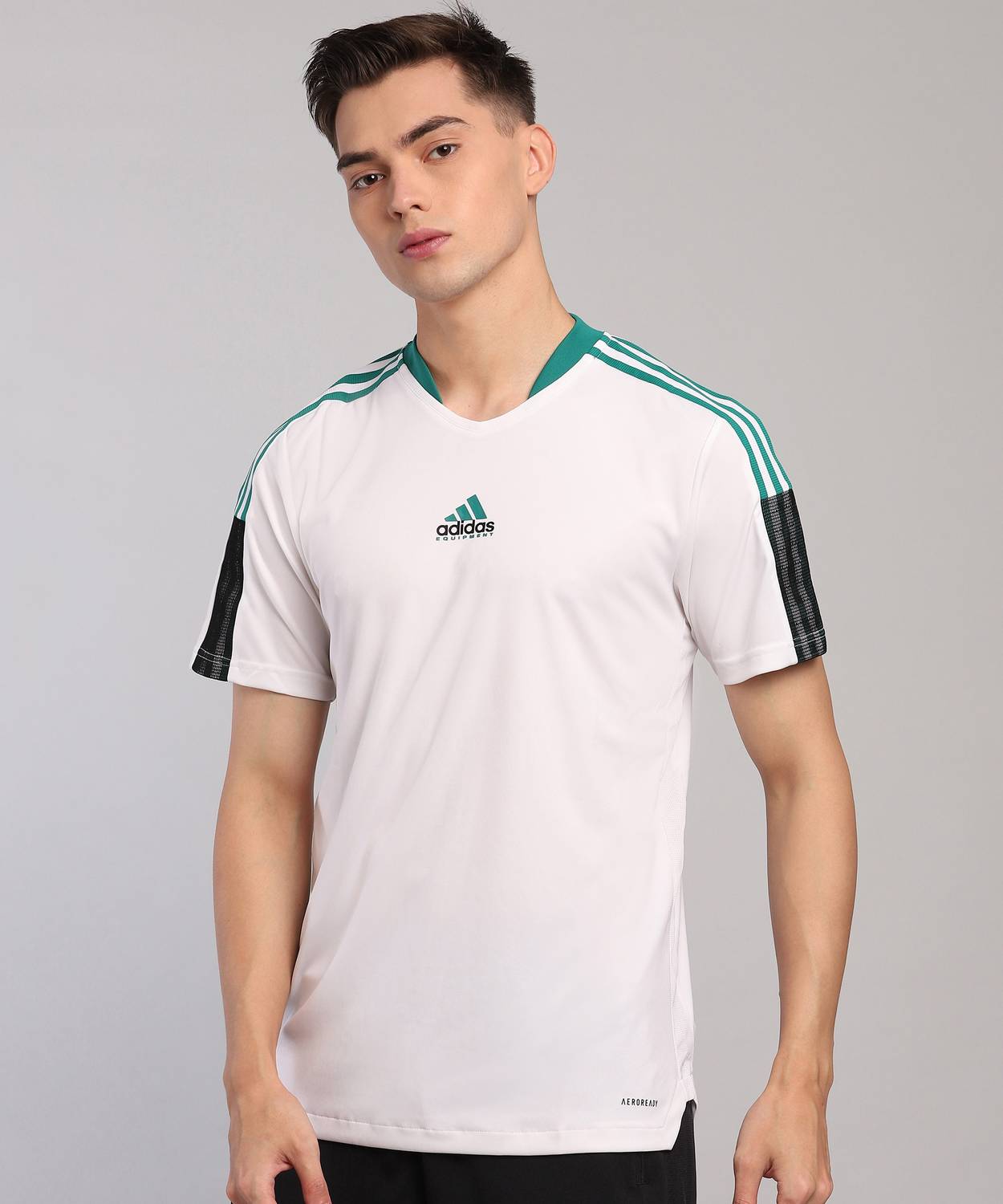ADIDAS Solid Men V Neck White T-Shirt
