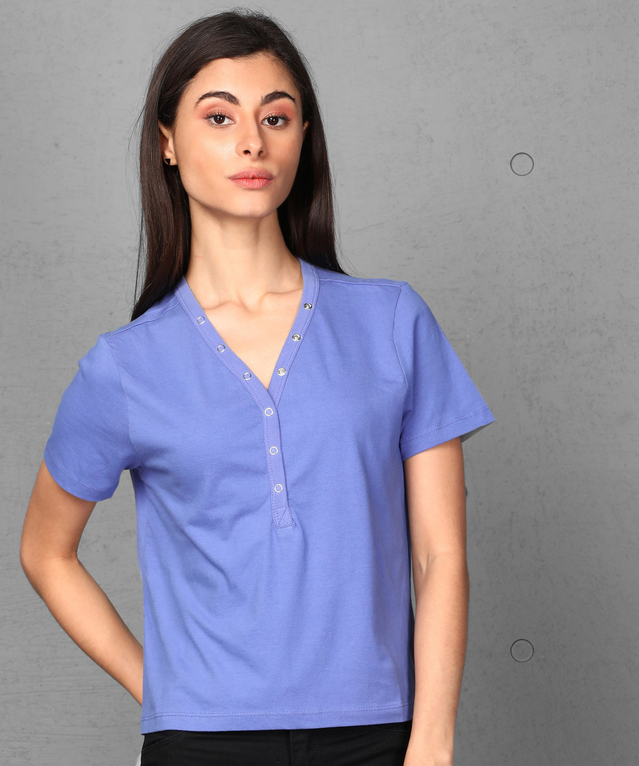 Image of METRONAUT Solid Women V Neck Purple T-Shirt