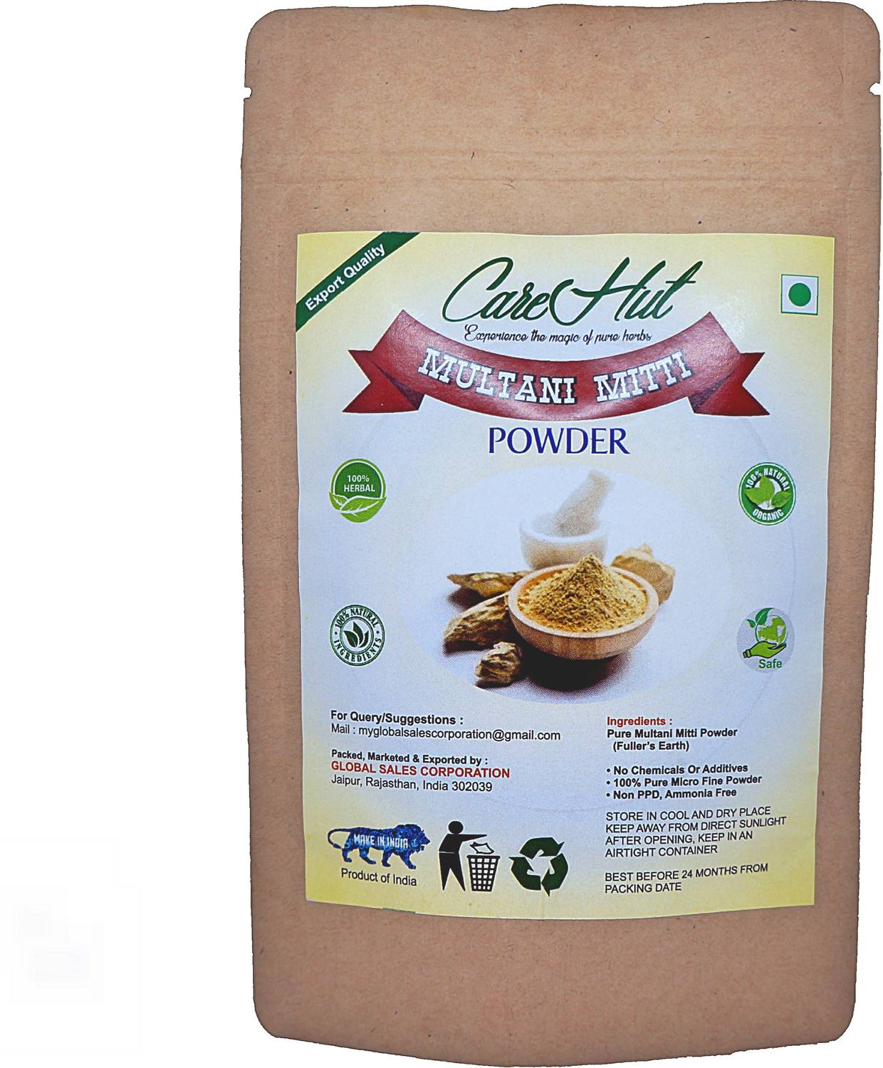 CareHut Multani Mitti 350 grams For Glowing Skin and Hair (Fuller’s Earth/Calcium Bentonite Clay) For Hair Pack / Multani Mitti for Face Pack Powder for Glowing Dry Skin - 100% Natural