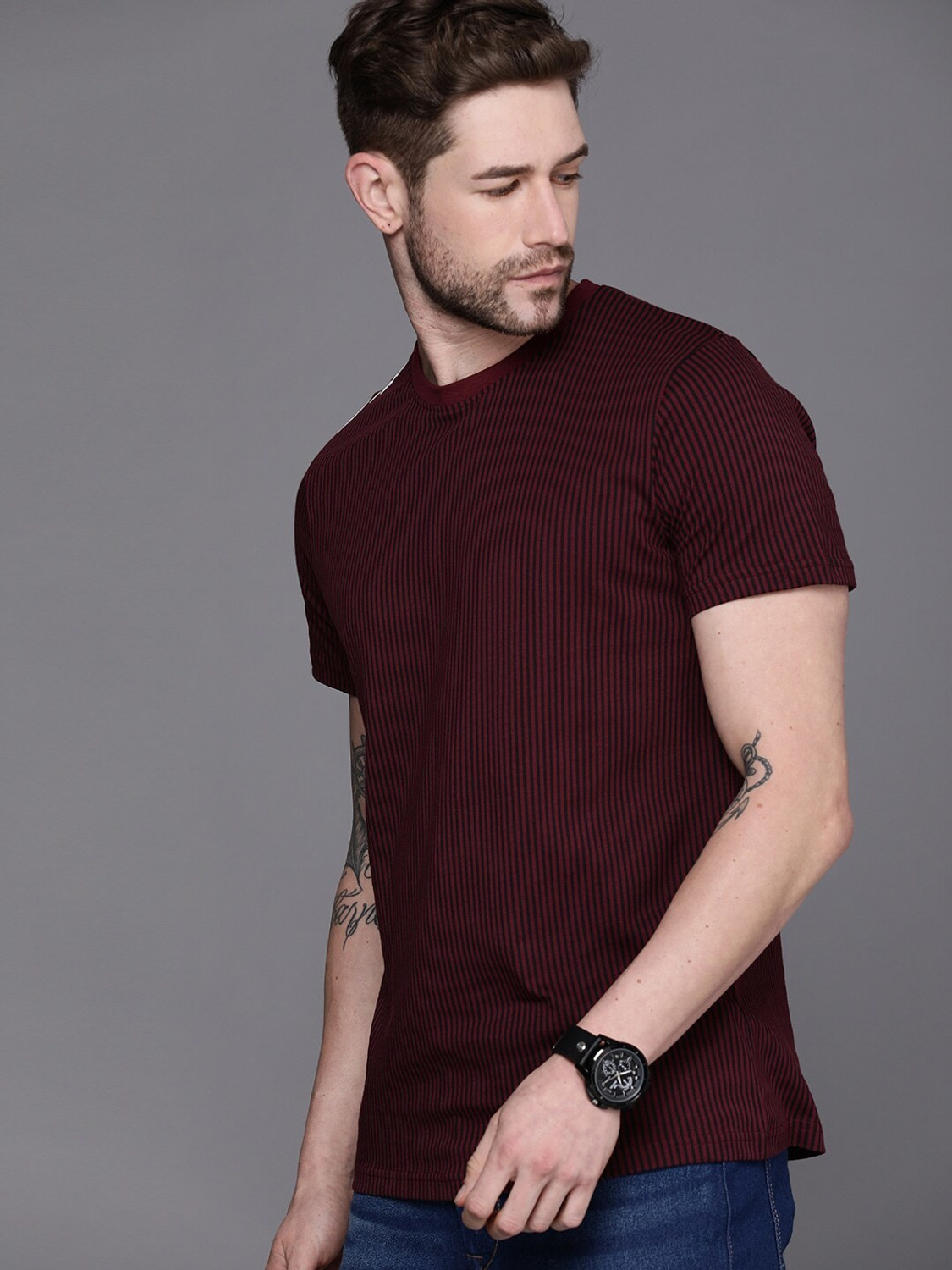 Image of WROGN Striped Men Round Neck Maroon T-Shirt