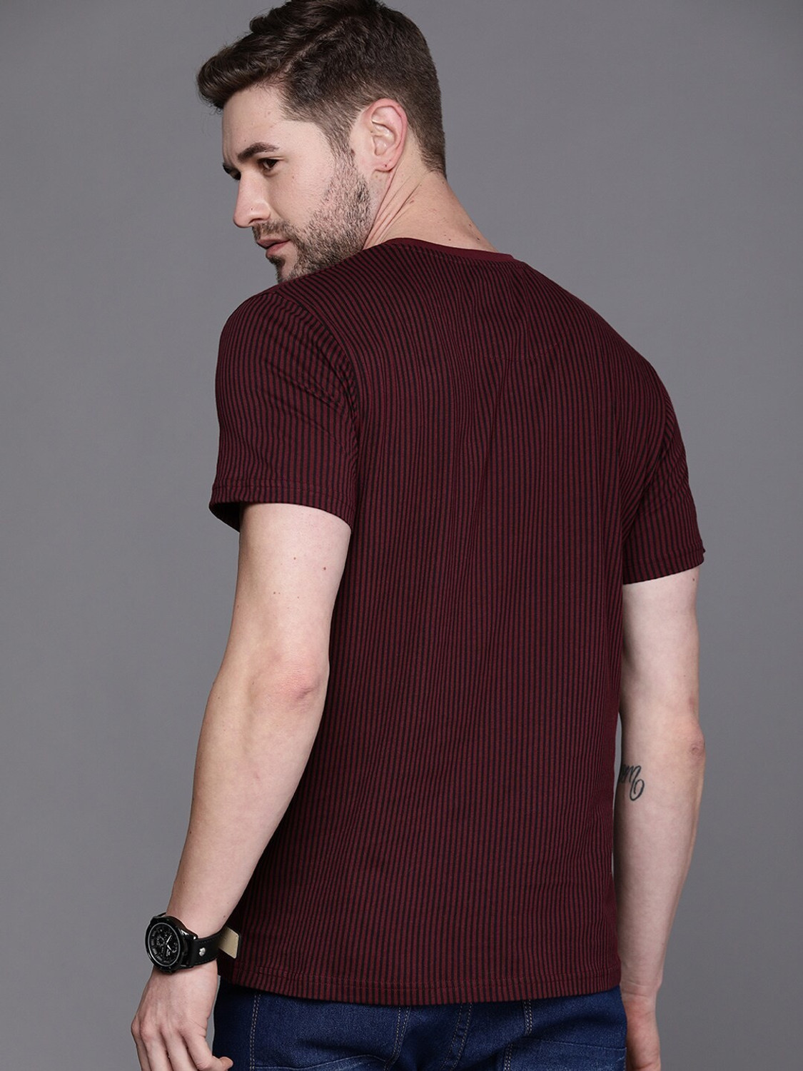 Image of WROGN Striped Men Round Neck Maroon T-Shirt