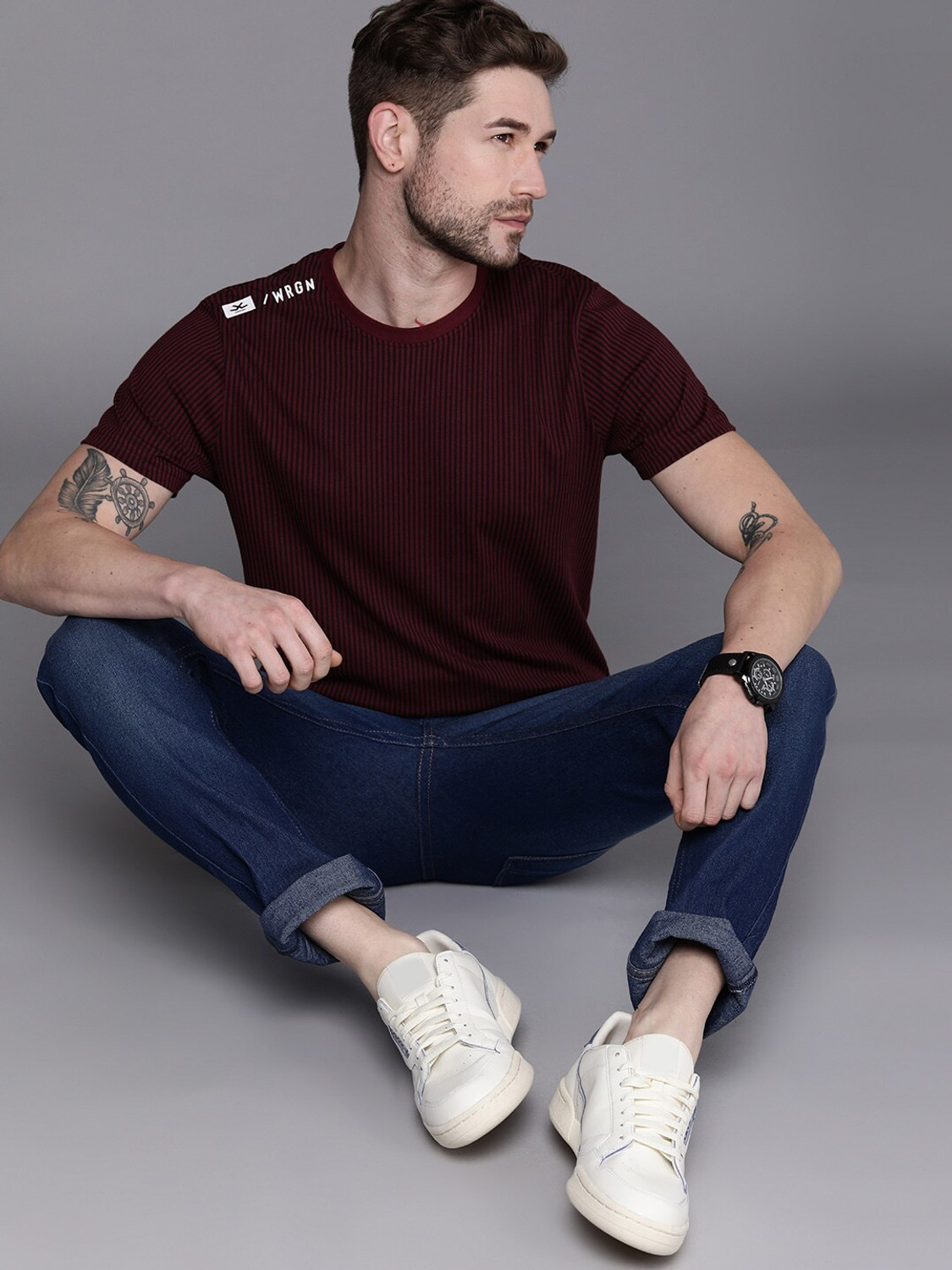 Image of WROGN Striped Men Round Neck Maroon T-Shirt