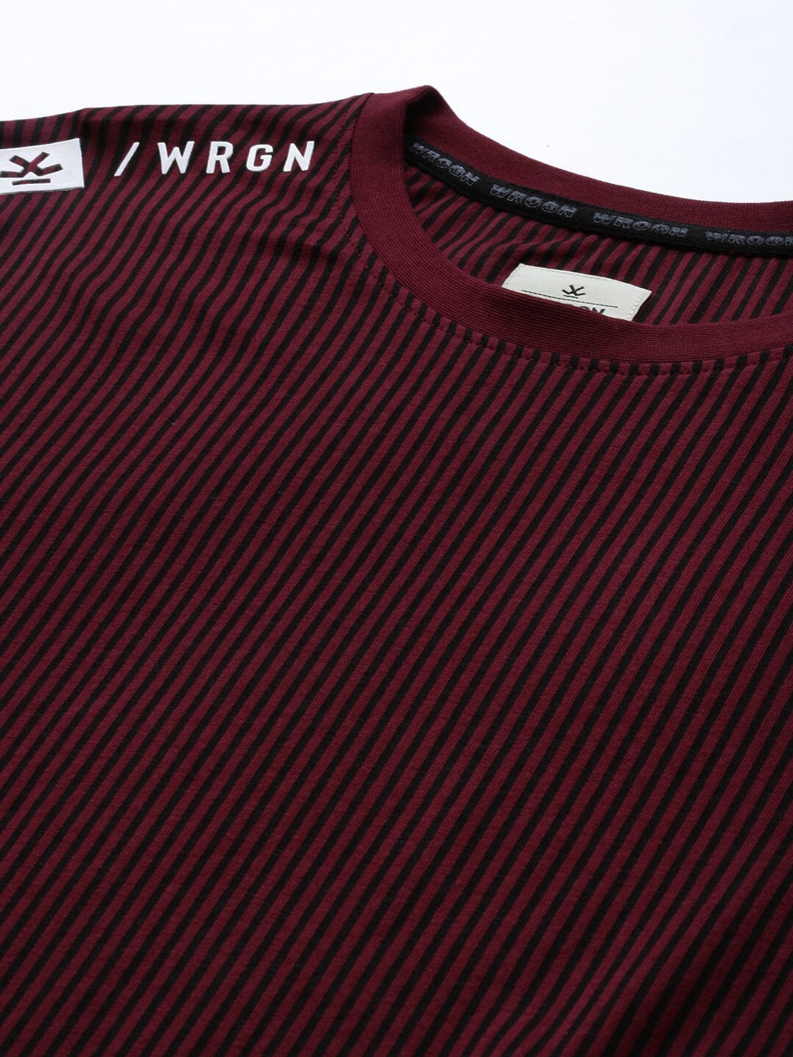 Image of WROGN Striped Men Round Neck Maroon T-Shirt