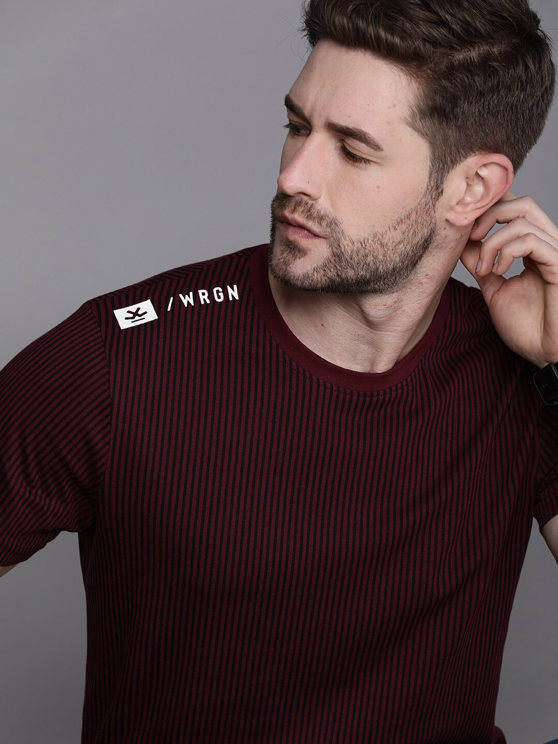 Image of WROGN Striped Men Round Neck Maroon T-Shirt