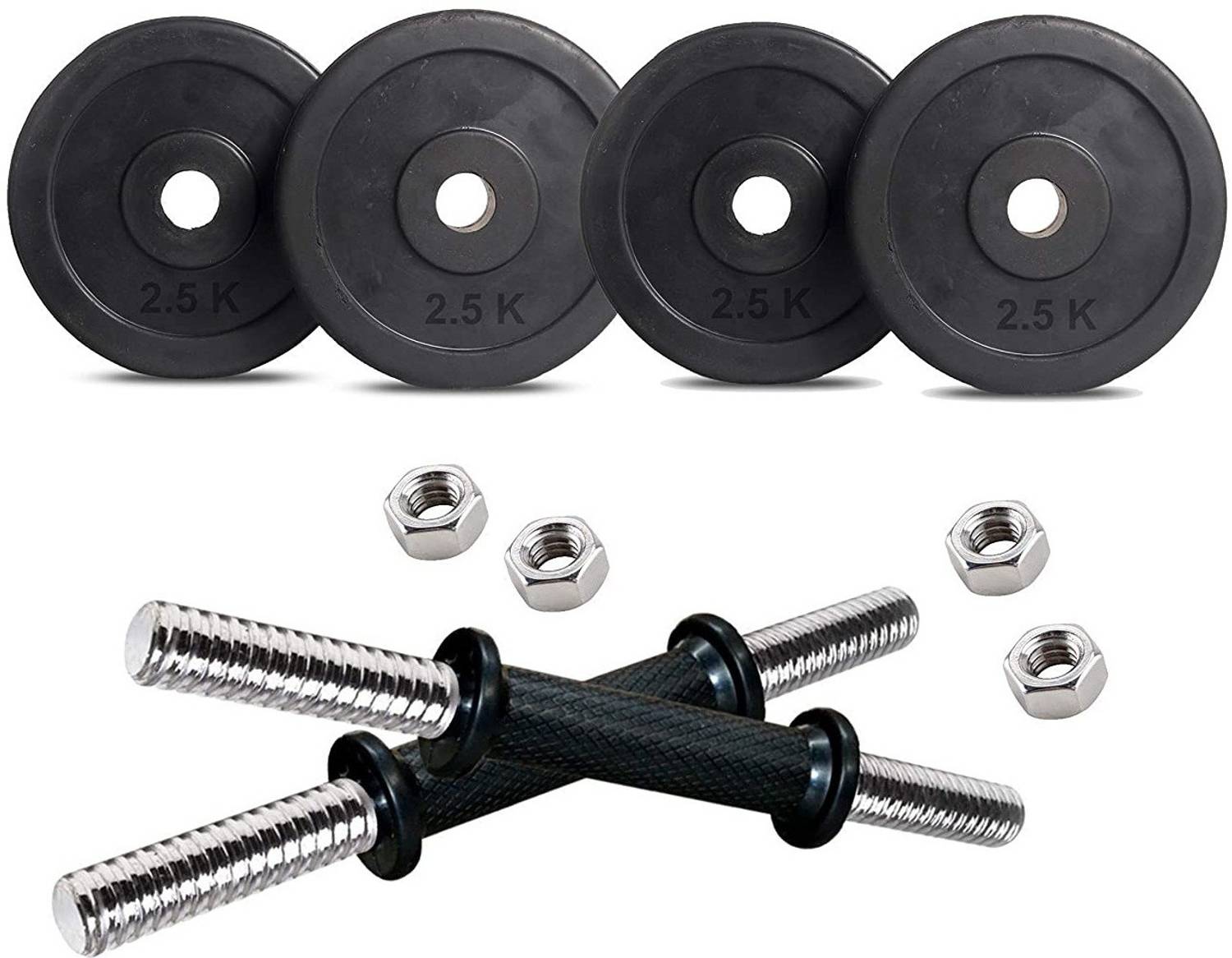BEACON INTERNATIONAL Rubber Weight Set 10 Kg (2.5 Kg X 4) With a pair of Dumbbell Rods with metal nuts Adjustable Dumbbell
