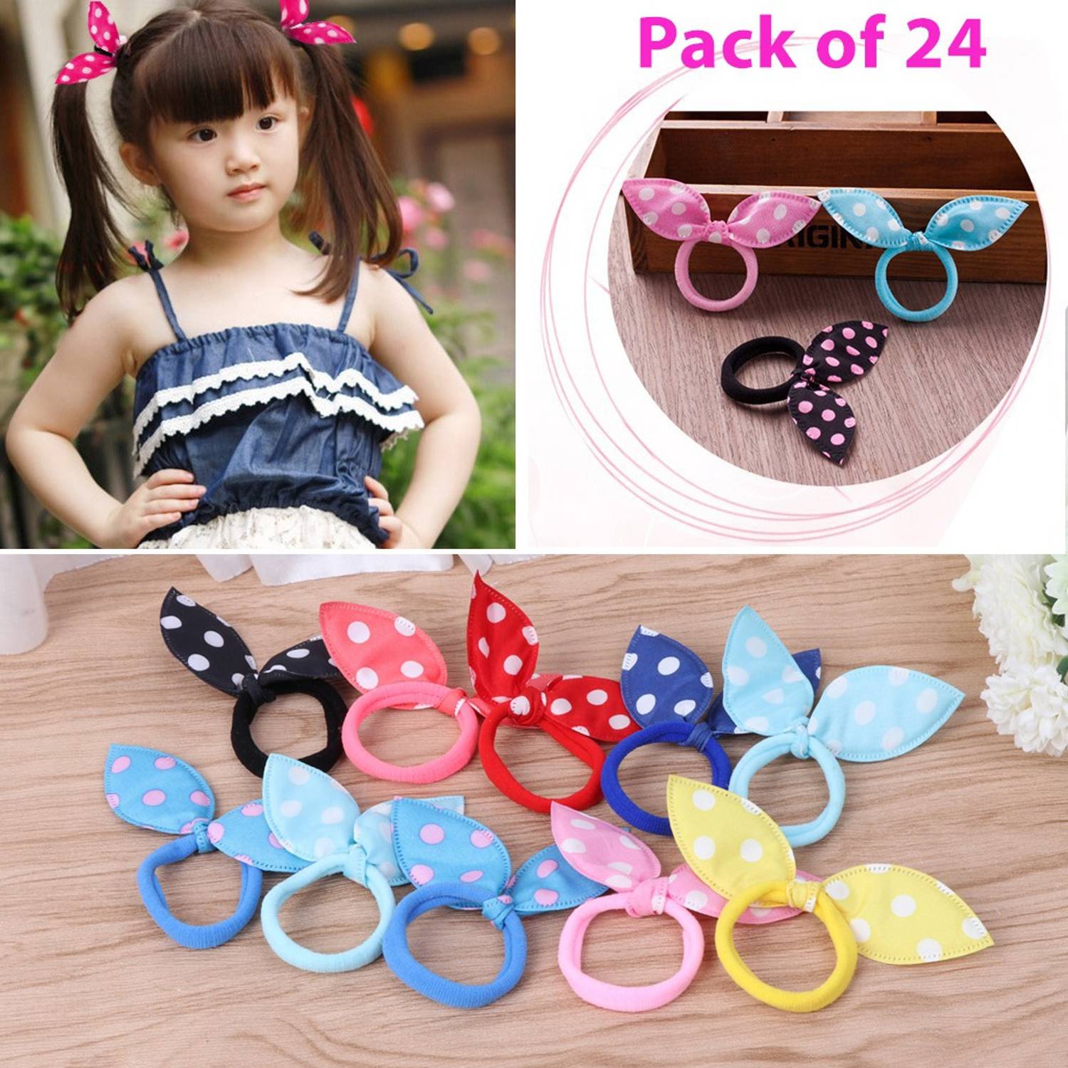 barakath Women Girls Colorful Printing Rubber Band Cute Rabbit Ears Bowknot Floral Hair Rope Ponytail Holder Scrunchies Random Color (Pack of 24) Hair Band