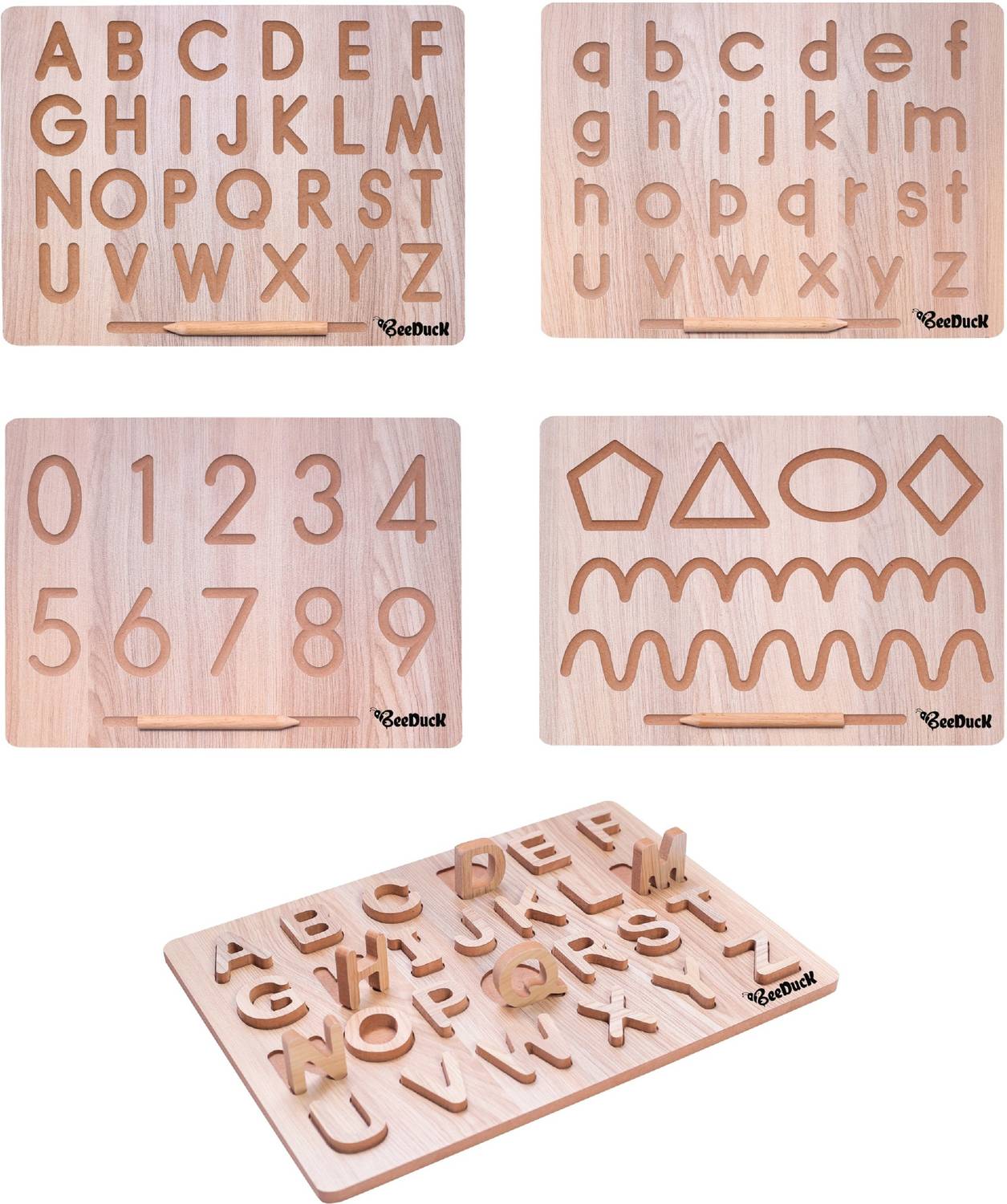 BeeDuck 5 IN 3 Combo Puzzle, English Alphabet, Number and Patten Board | Puzzle, Capital Word "ACBD", Small Word "abcd" and Number "0 To 9", Curve Pattens | Educational Puzzle Toys, Teach your Child about Alphabets, Number and Patten Board for 2+ Years Old Kids (Brown)