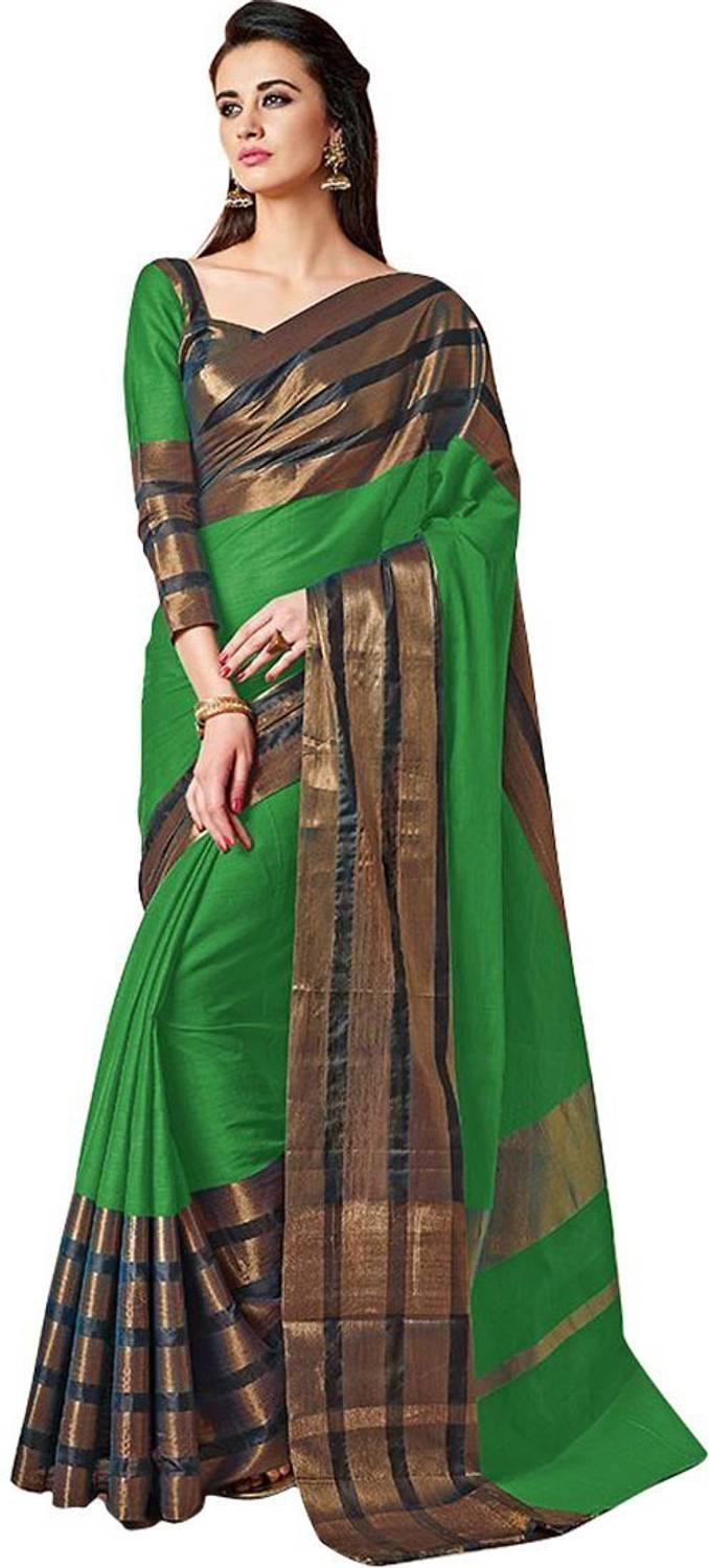 BAPS Striped, Woven, Embellished, Solid/Plain Paithani Cotton Blend, Art Silk Saree
