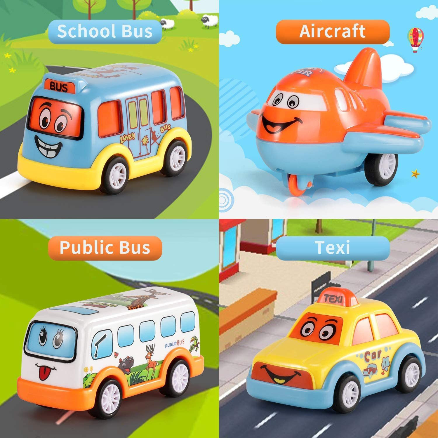 Image of Learn With Fun Unbreakable 7 pcs Pull Back Texi Car Truck Bus Plane Toy for Boys girls Kids