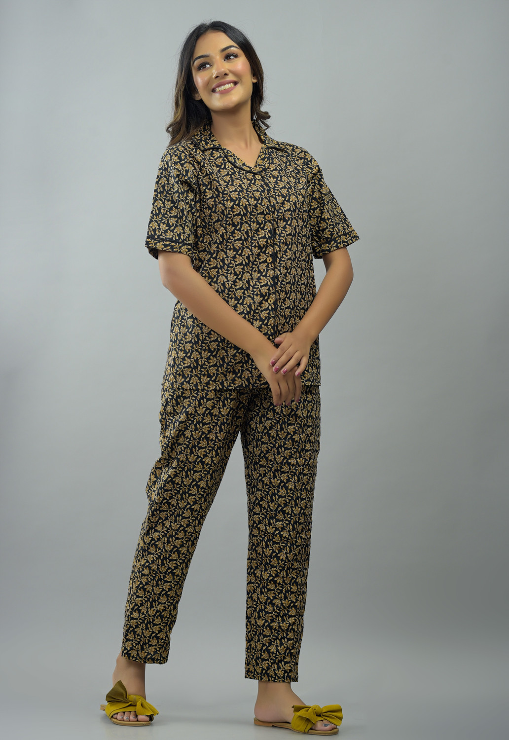 Image of PINKPERRY Women Printed Yellow Shirt & Pyjama set