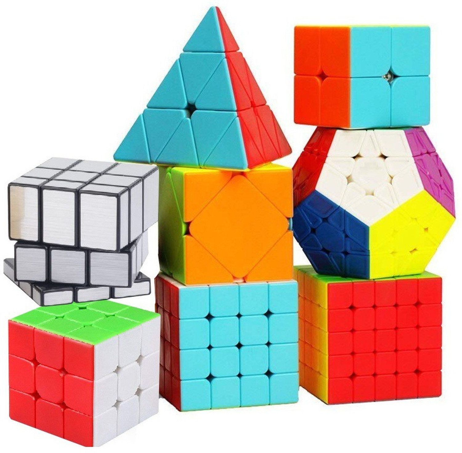 Image of Authfort Speed 2X2 3x3 4x4 5x5 and Mirror Silver Pyraminx Pyramid Triangle, Megaminx, Squire cube set Puzzle Cubes Combo (B - Pack of 8 Cube)