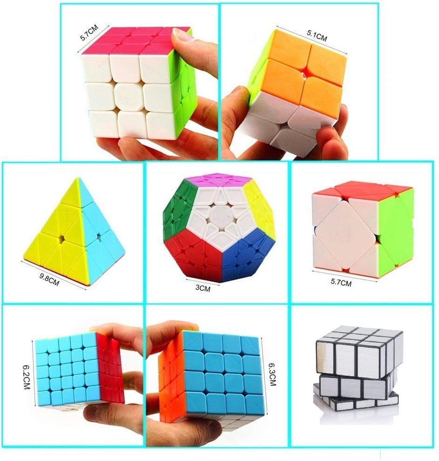 Image of Authfort Speed 2X2 3x3 4x4 5x5 and Mirror Silver Pyraminx Pyramid Triangle, Megaminx, Squire cube set Puzzle Cubes Combo (B - Pack of 8 Cube)