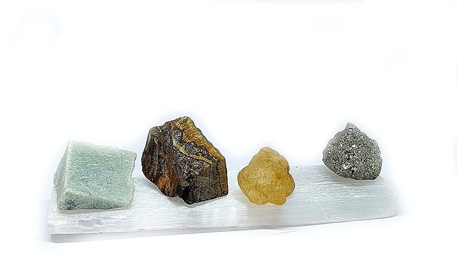 AIR9999 Natural Citrine Green Aventurine Pyrite Tiger's Eye and Selenite Mini Raw Rough Crystals Set of 5 Mini Crystals Wealth and Prosperity Kit for Reiki Healing and Grid Making Decorative Showpiece - 3 cm