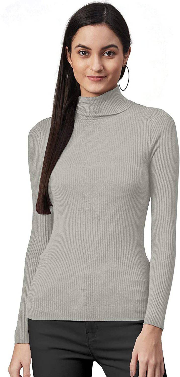 AMNOUR Self Design Turtle Neck Casual Women Grey Sweater
