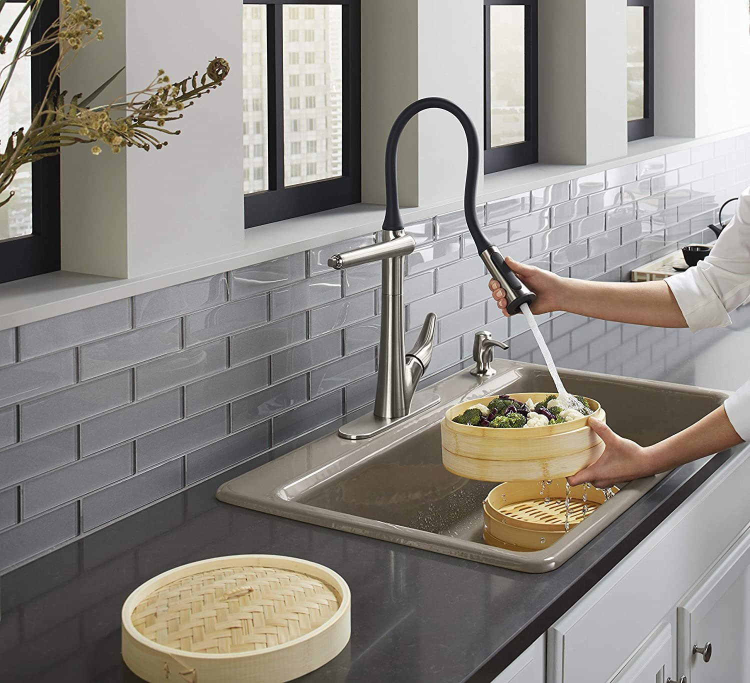 Image of KOHLER 77764IN-SD-VS Arise Articulating Flexible Pull Down Kitchen Faucet, with DockNetik Technology and Sweep spray (Vibrant Stainless) Kitchen Mixer Faucet