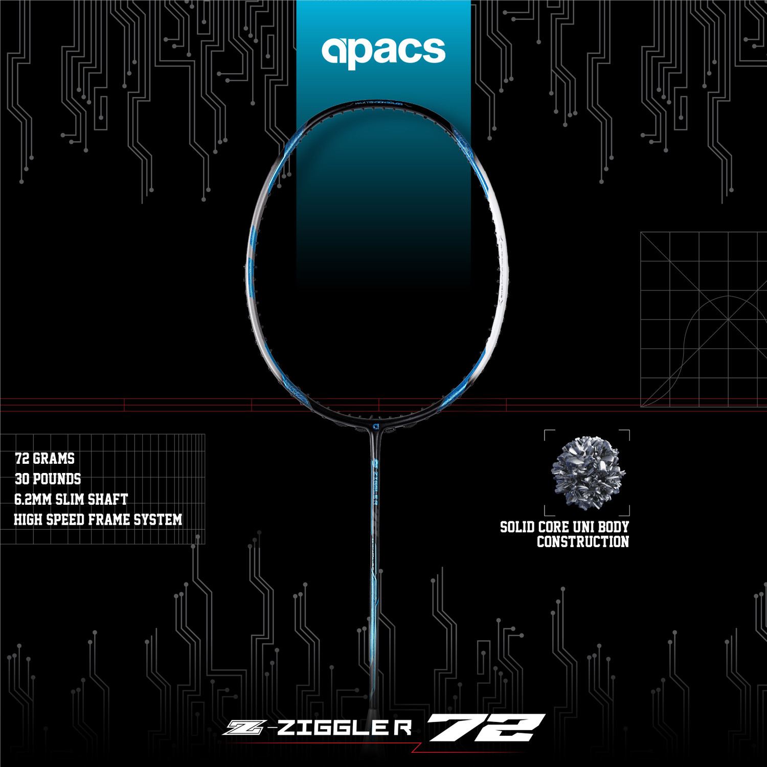 Image of apacs Z-Ziggler 72 (72g, Aero-Dyna Frame) Black, Grey Unstrung Badminton Racquet