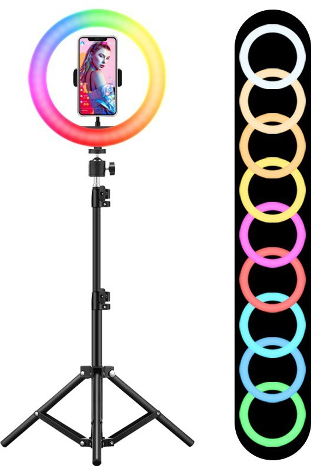 Image of Wrapo 10Inch RGB Colors Ring Light Tripod 3 Mode Light 10 Level Brightness Adjust 360 Rotation Mobile Holder Clip 26 Color Change Light for Insta Reels Mx Takatak YouTube Vlog Makeup Photography Ring Flash