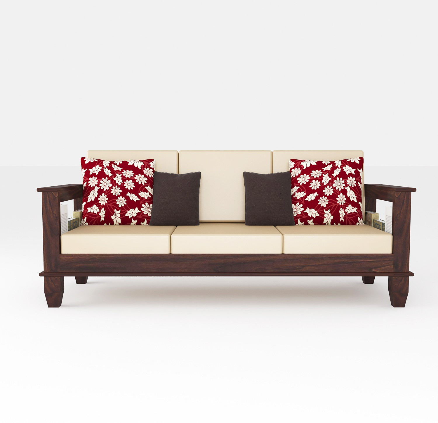 Image of Kendalwood Furniture Solid Wood 3 Seater Wooden Sofa set for living Room Furniture Fabric 3 Seater Sofa