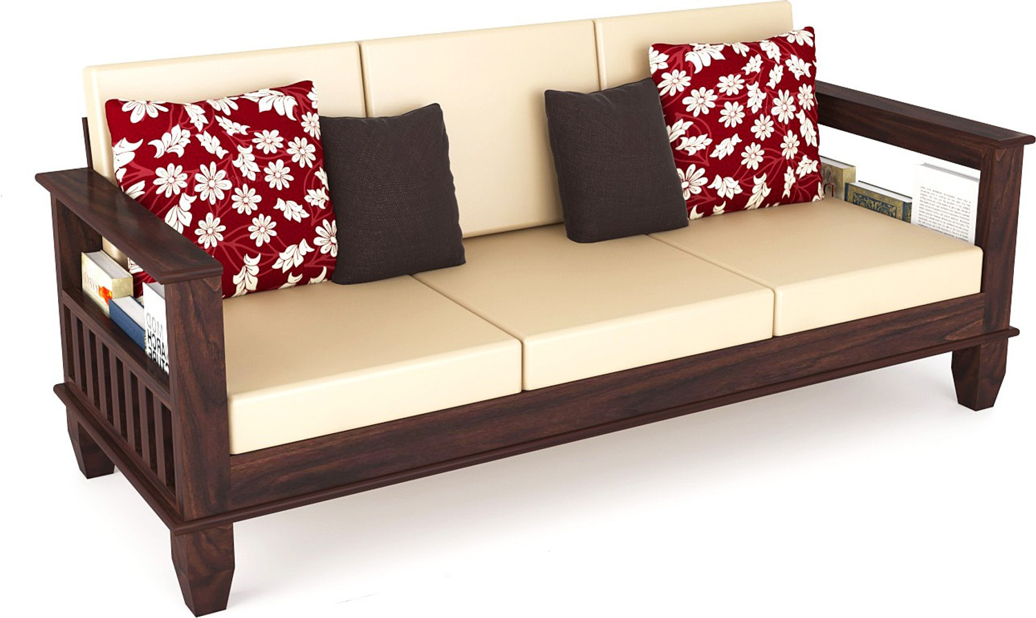 Image of Kendalwood Furniture Solid Wood 3 Seater Wooden Sofa set for living Room Furniture Fabric 3 Seater Sofa
