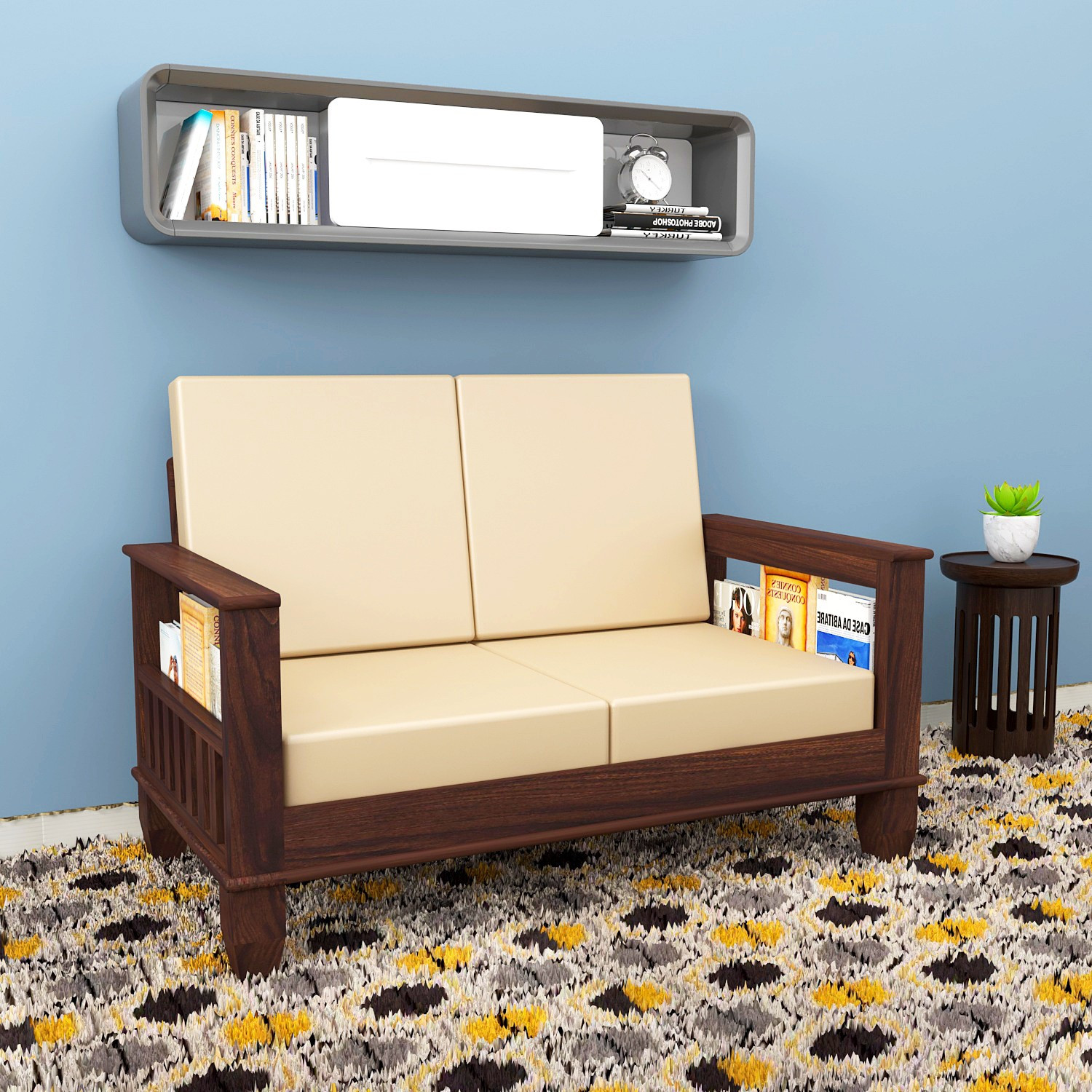 Image of Kendalwood Furniture Solid Wood 2 Seater Wooden Sofa set for living Room Furniture Fabric 2 Seater Sofa