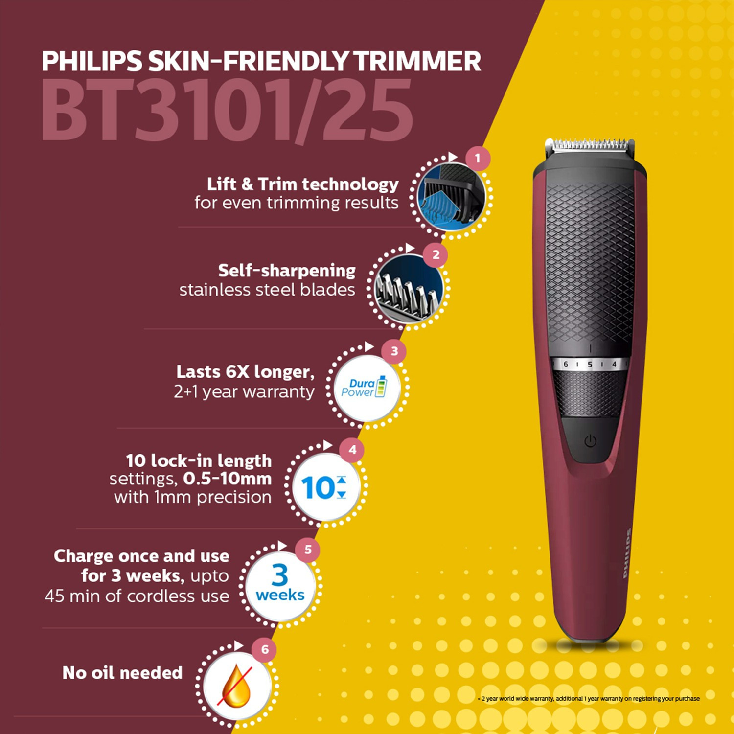 Image of PHILIPS BT3101 /25 Trimmer 45 min Runtime 10 Length Settings