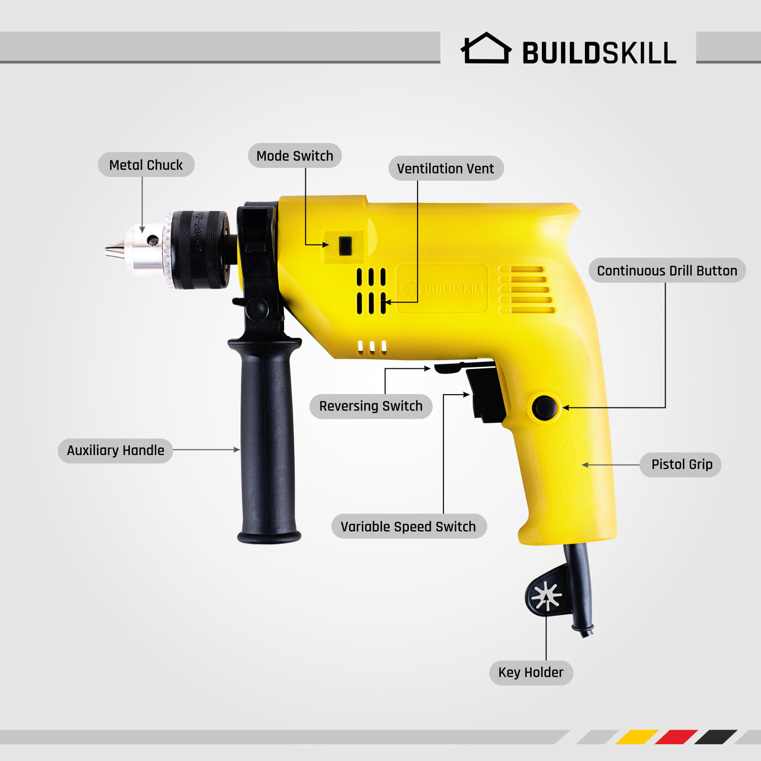 Image of BUILDSKILL 13mm 350W Reversible Impact Powerful Heavy Duty 13mm Electric Drill with High Quality 10 Bits Power & Hand Tool Kit