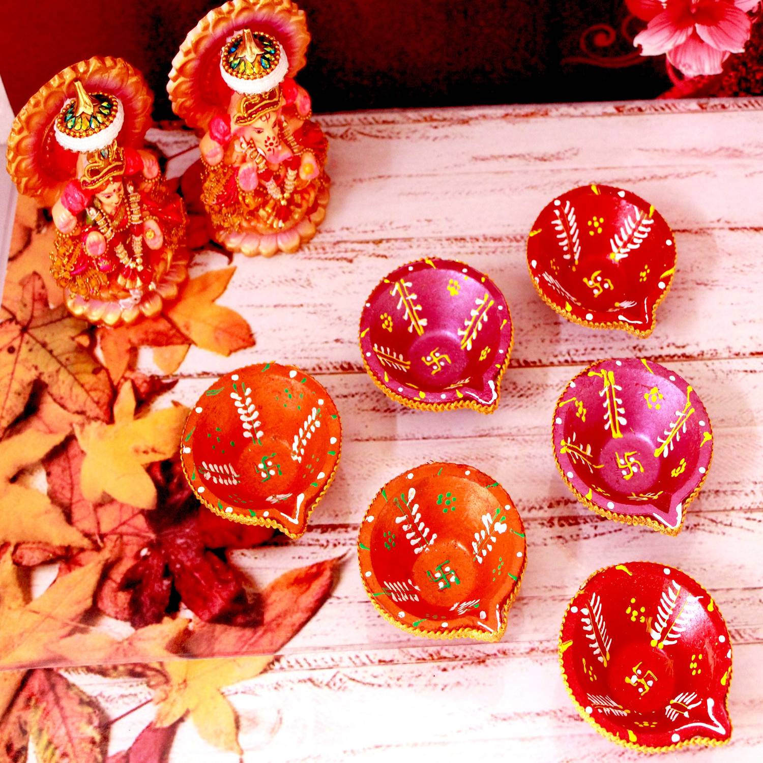 Bossify Premium Eco-Friendly Earthen Clay Diya Deepak for Diwali | Diwali Puja Diya | Handcrafted Colored Mud Diya | Oil Diya | Handmade Diya for Home Shop Office Indoor Outdoor Diwali Design Assorted Colorful Set03 Home Décor Item Earthenware, Terracotta (Pack of 6) Table Diya Set