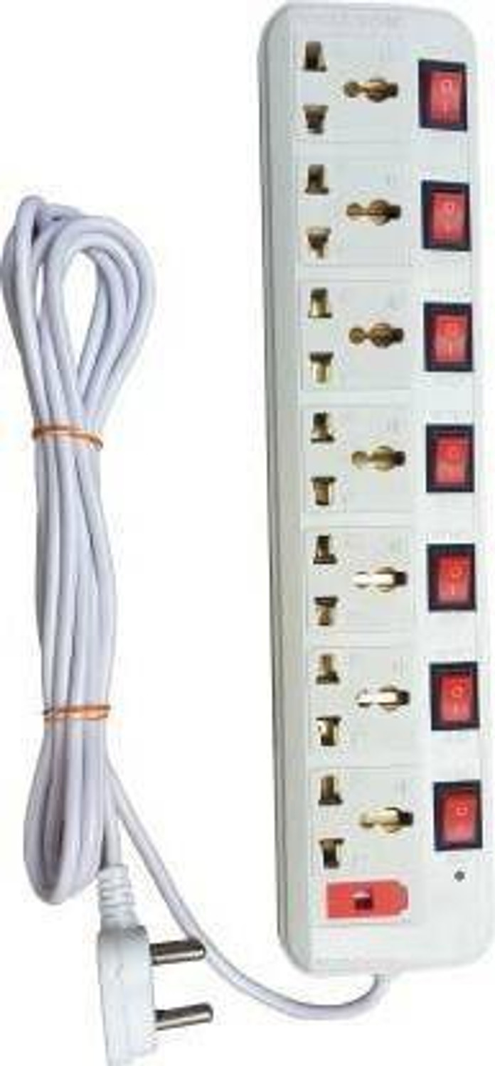 Image of Om Traders 7 Socket Extension Cord With Individual Switches FUSE Led Indicator 7 Socket Extension Boards (White)(RED) 7 Socket Extension Boards (White) 144 inch copper long wire Copper Light Socket