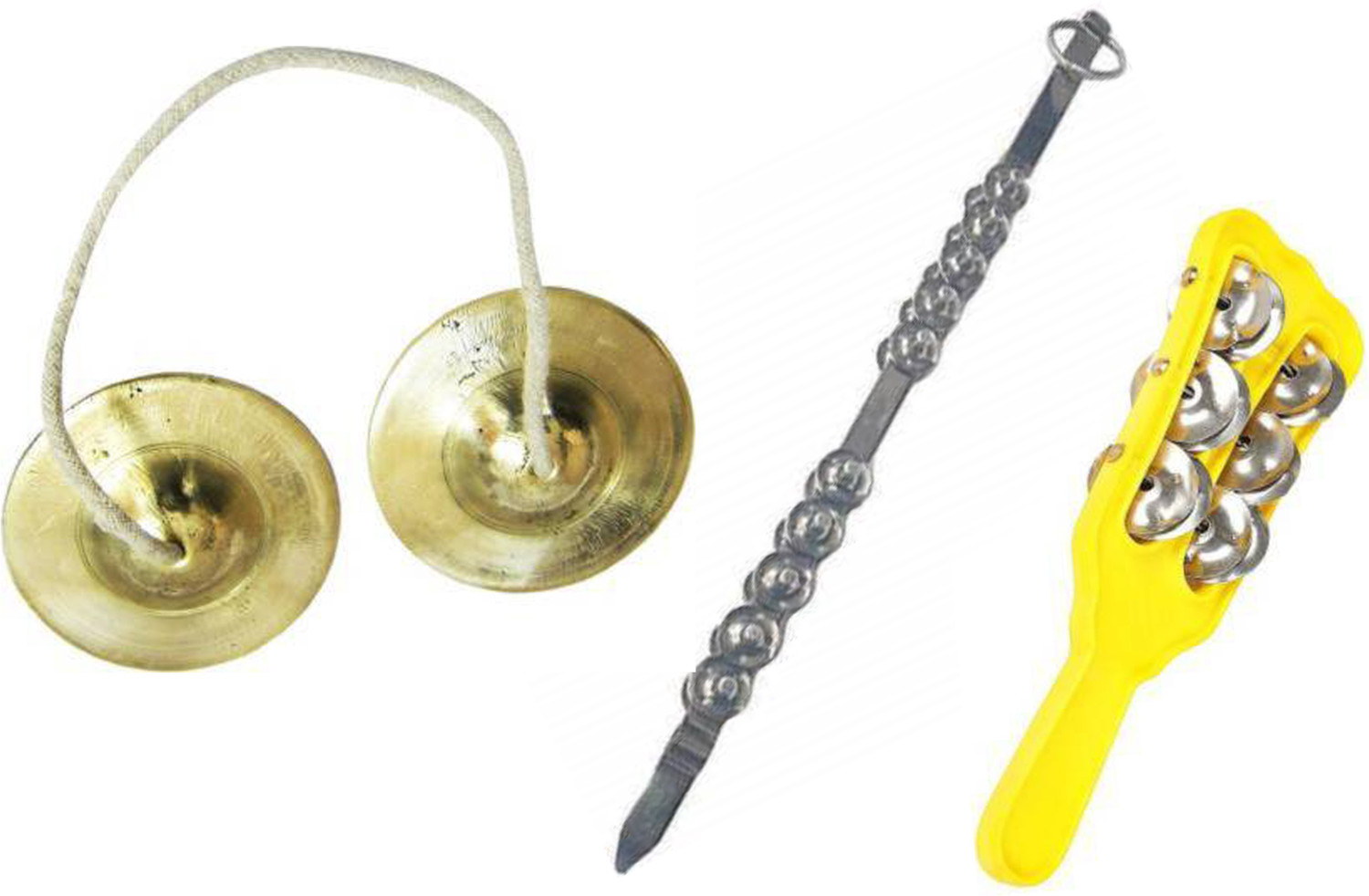 Image of NEXTOMART Chimta (34 inch) Manjira (3.5 inch) Brass Plated Manjeera and Hand Cymbal Jhikka (10 inch) Musical Instrument Combo Set For Kirtan and Bhajan Kartal Instrument