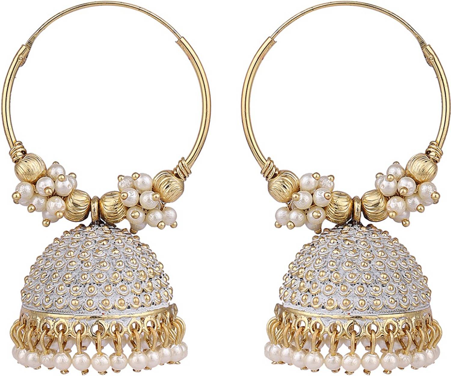 BHANA CREATIONS Angel In You Traditional Gold Plated Enamelled White Jhumka And Hoop Baali Earring Pearl Brass Earring Set
