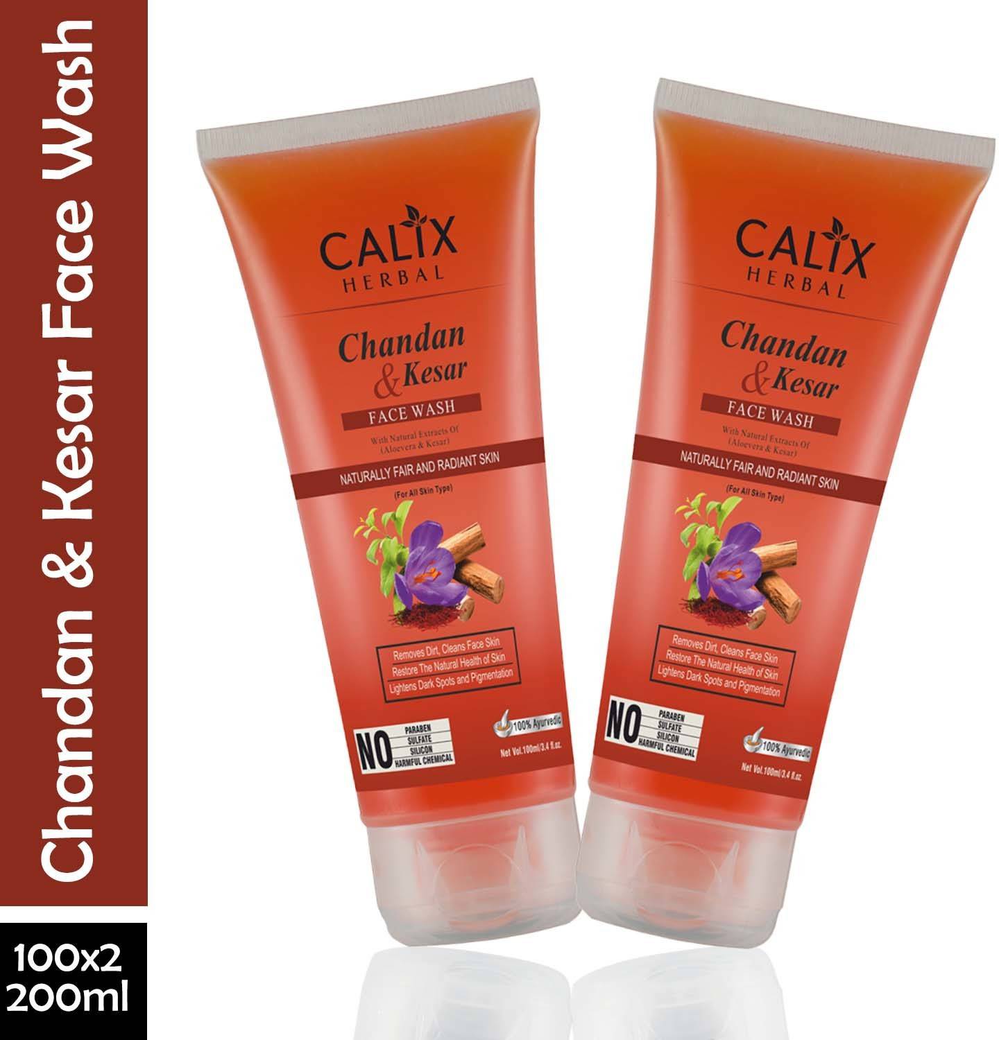 calix Herbal Organic & Ayurvedic Chandan Kesar For Skin Brightening, Naturally Fair & Radiant Skin | Lightens Dark Spots & Pigmentatio Suitable For All Skin Types - 100 Ml - (Pack Of 2) Face Wash
