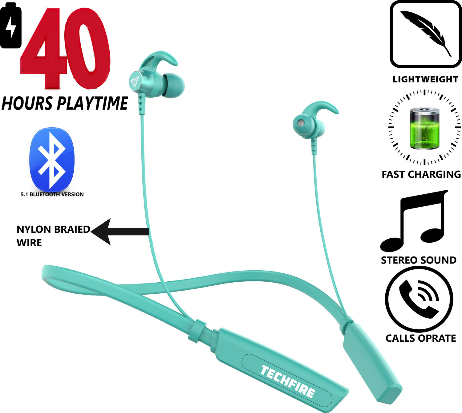 Image of TECHFIRE Fire 500v2 Neckband hi-bass Wireless headphone Bluetooth