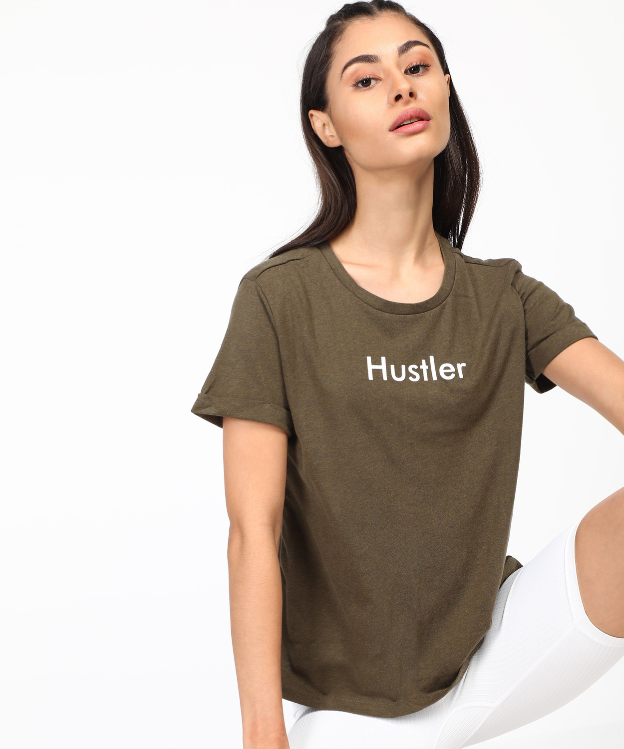 Image of Ajile By Pantaloons Printed Women Round Neck Dark Green T-Shirt