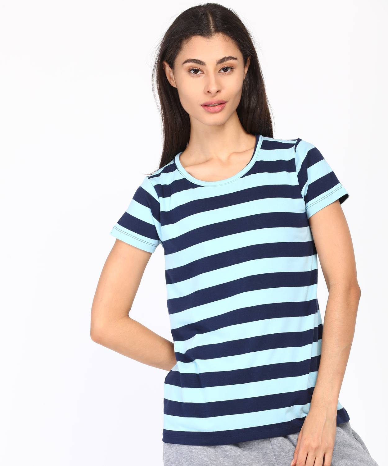 Ajile By Pantaloons Striped Women Round Neck Blue T-Shirt