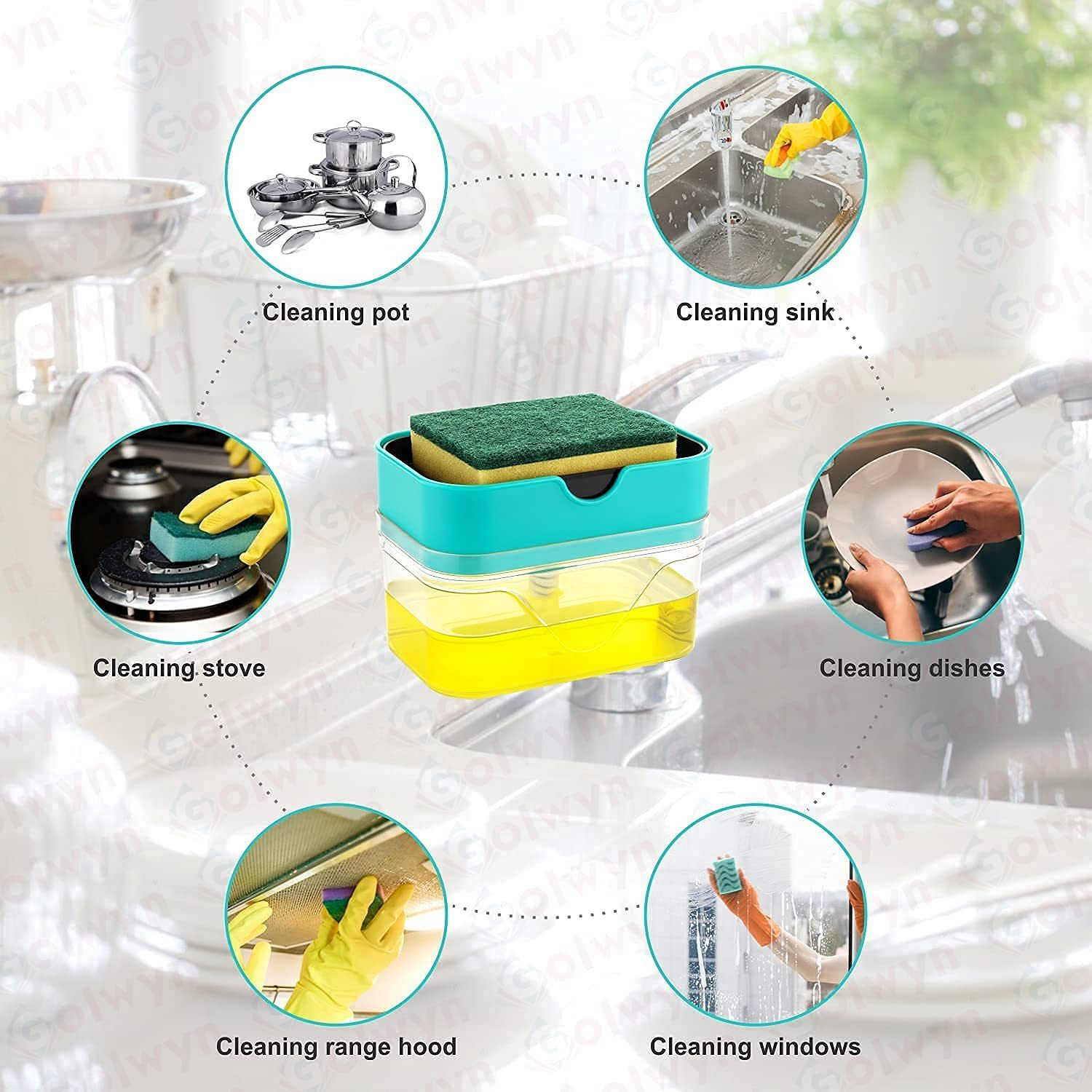 Image of ARTH Liquid Soap Press-Type Pump Dispenser with Sponge Holder for kitchen (Sky Blue) 400 ml Liquid Dispenser