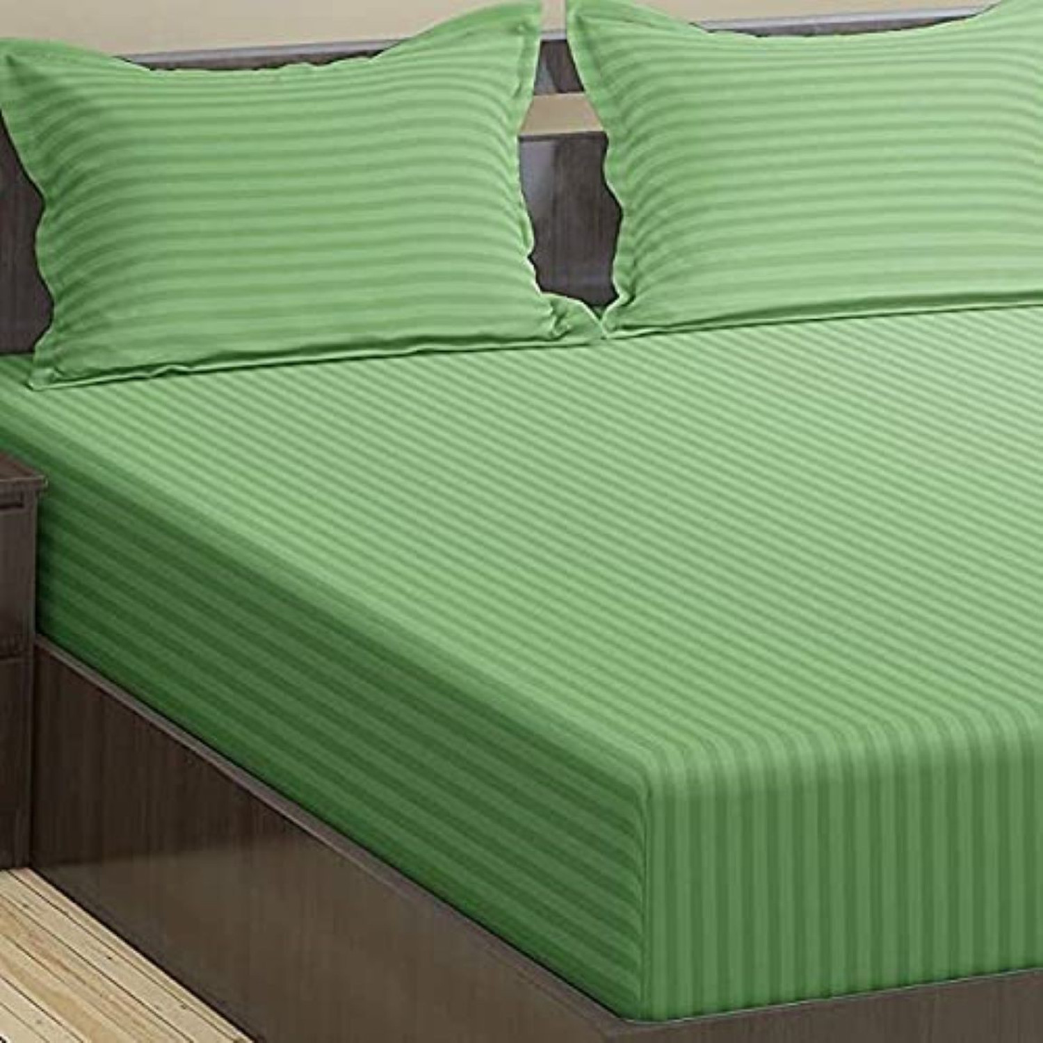 Image of Trance Home Linen Cotton King Fitted (Elastic) 200 TC Striped 1 Bedsheet with 2 Pillow Covers