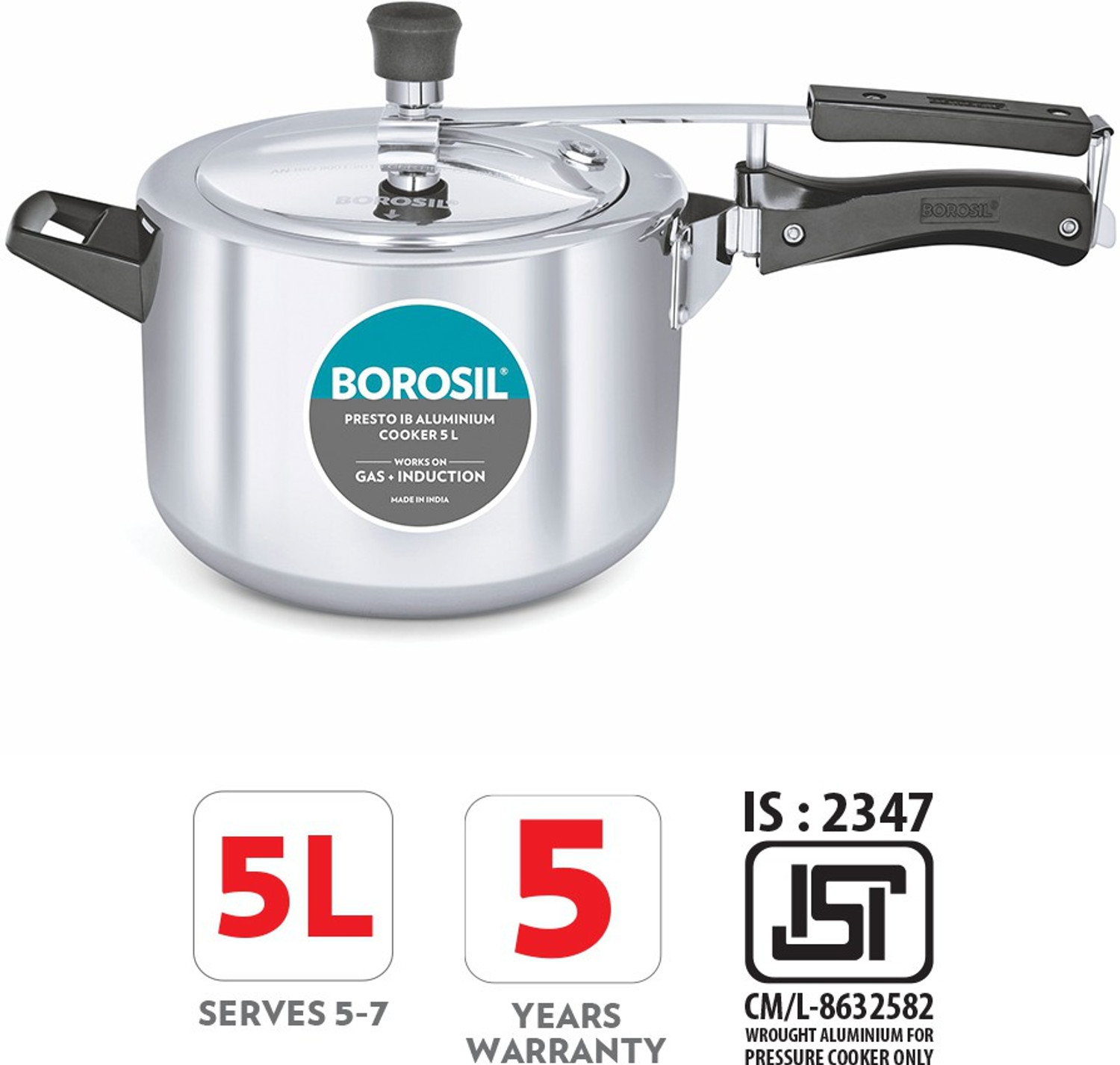 Image of BOROSIL Presto Aluminum 5 L Inner Lid Induction Bottom Pressure Cooker